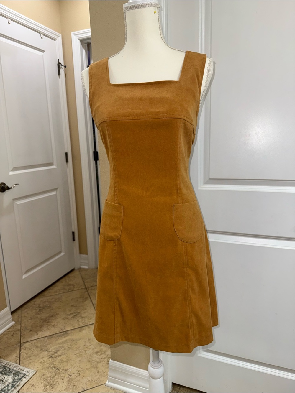 Classic Square-Neck Camel Corduroy Dress